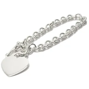 Lovely Alpaca Silver Engravable Heart Tag Link Bracelet with Toggle Clasp - 8 Inch