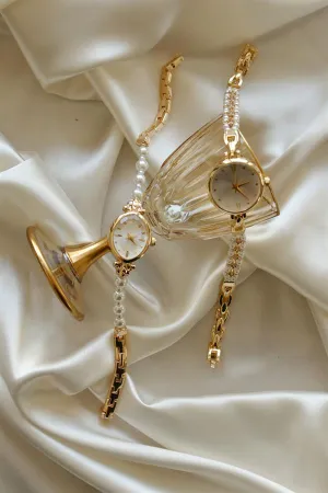<tc>Montre pour femme Pearl Gold Metal, avec perles, cadran doré.</tc>