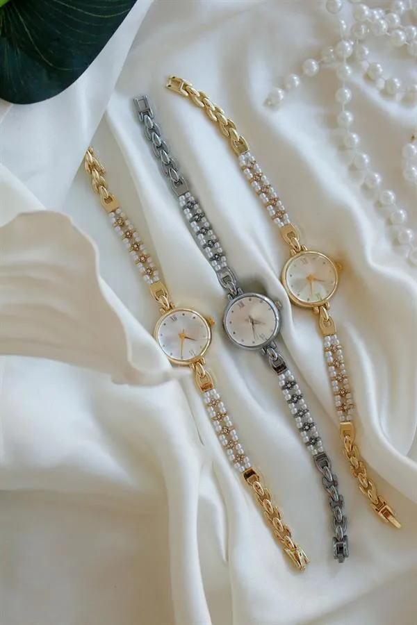 <tc>Pearl Silver Montre bracelet en métal rond avec perles 11</tc>