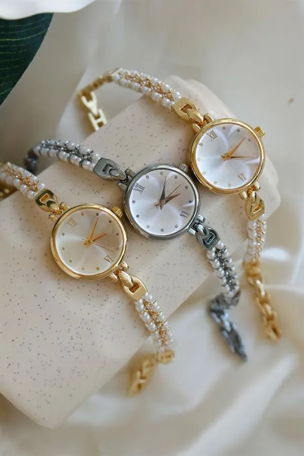 <tc>Pearl Silver Montre bracelet en métal rond avec perles 11</tc>