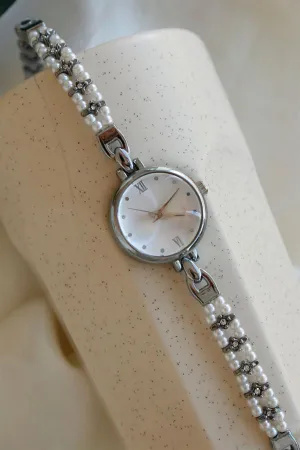 <tc>Pearl Silver Montre bracelet en métal rond avec perles 11</tc>