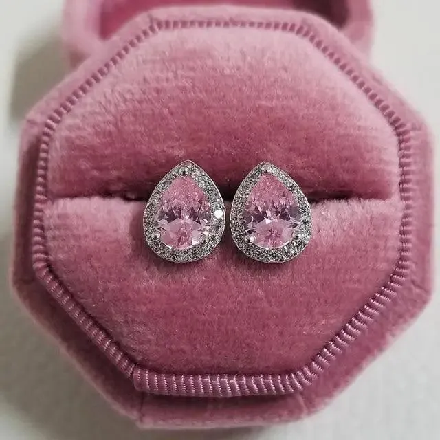 Luxurious 925 Sterling Silver Pink Drop Stud Earings For Women And Girls Sparkling Jewelry Gift For Ladies