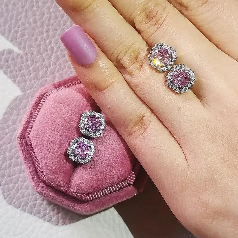 Luxurious 925 Sterling Silver Pink Drop Stud Earings For Women And Girls Sparkling Jewelry Gift For Ladies