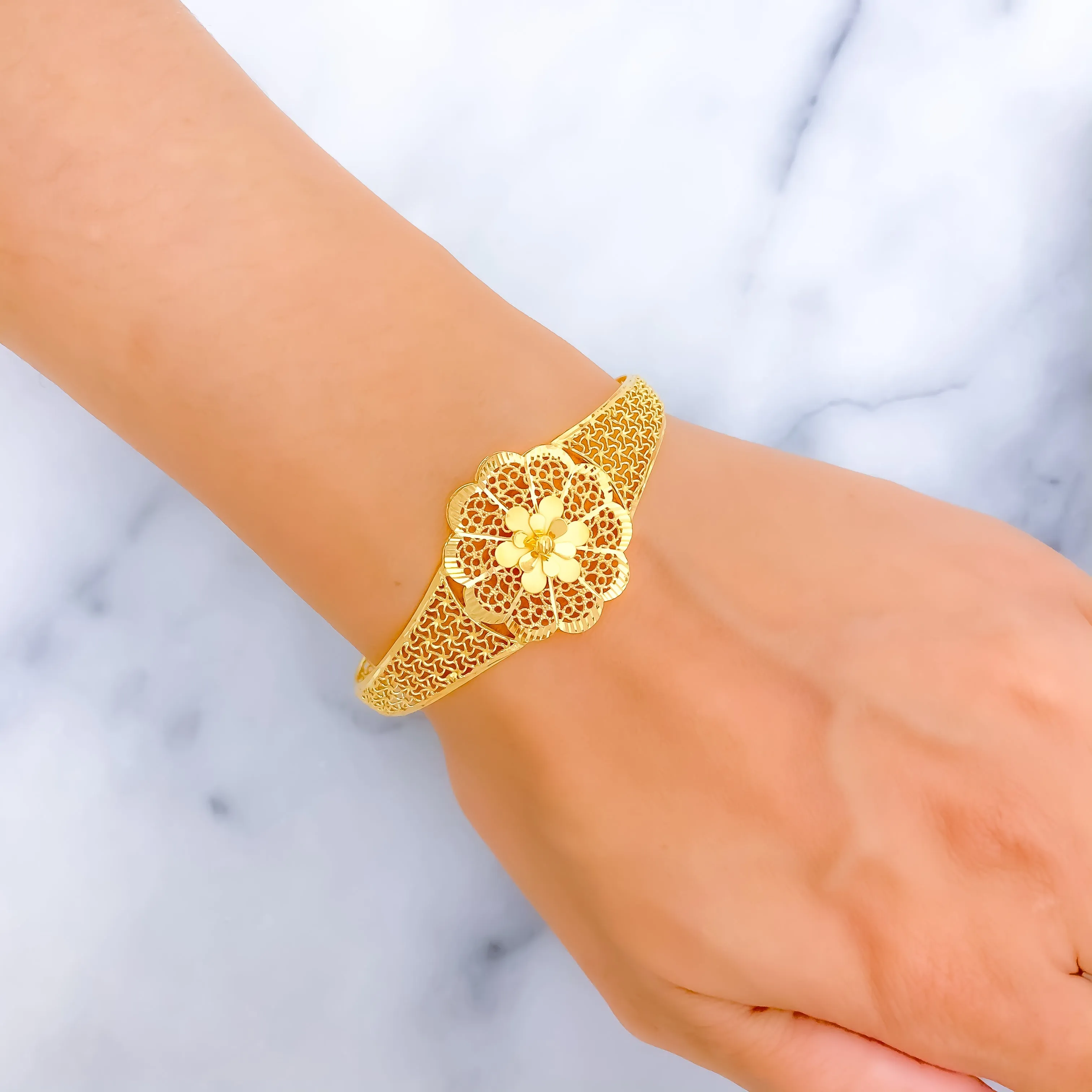 Majestic Meshed Flower 22k Gold Bangle Bracelet