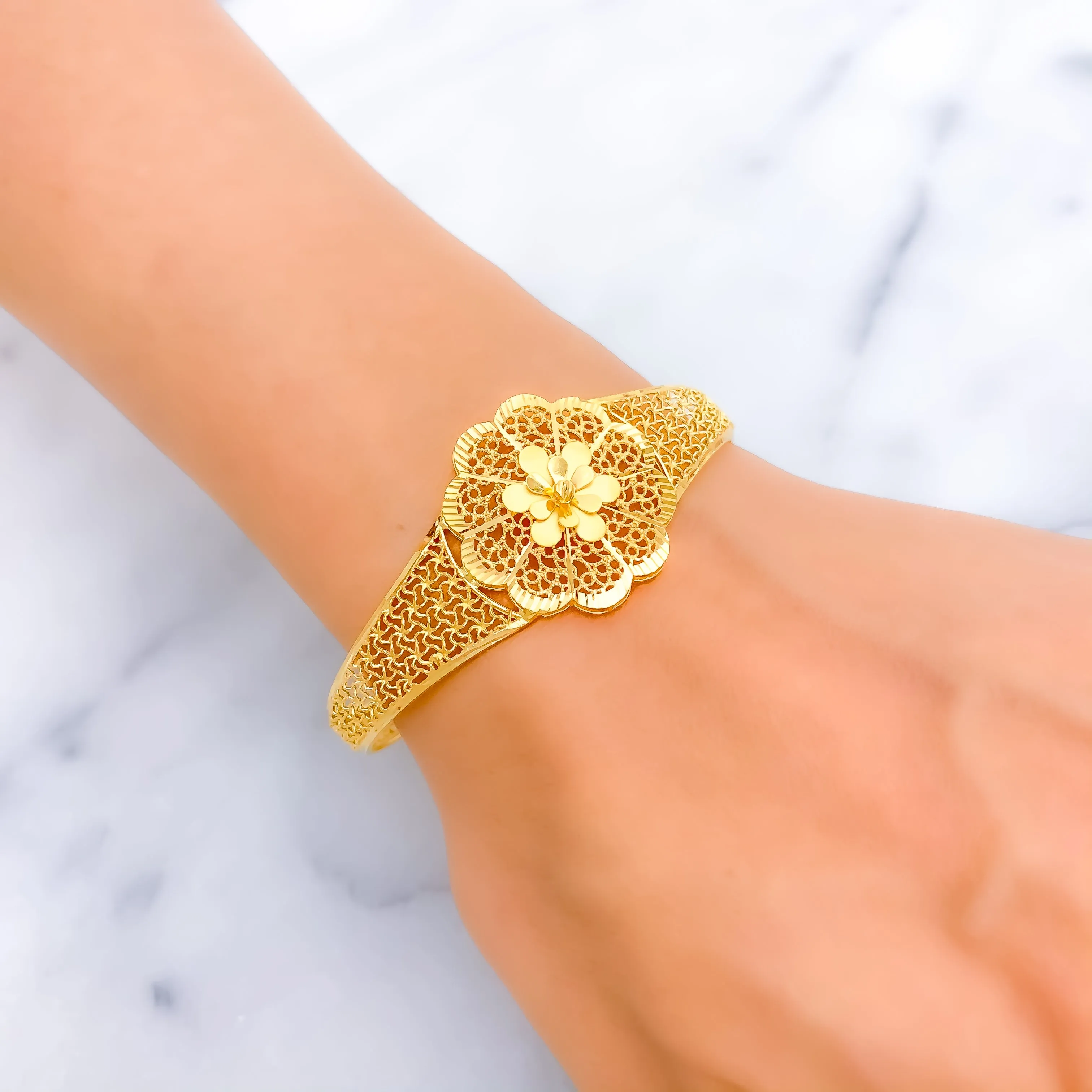 Majestic Meshed Flower 22k Gold Bangle Bracelet