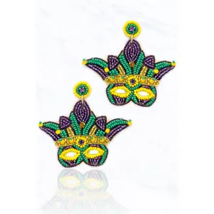 Mardi Gras Mask Seed Bead Drop Earrings.