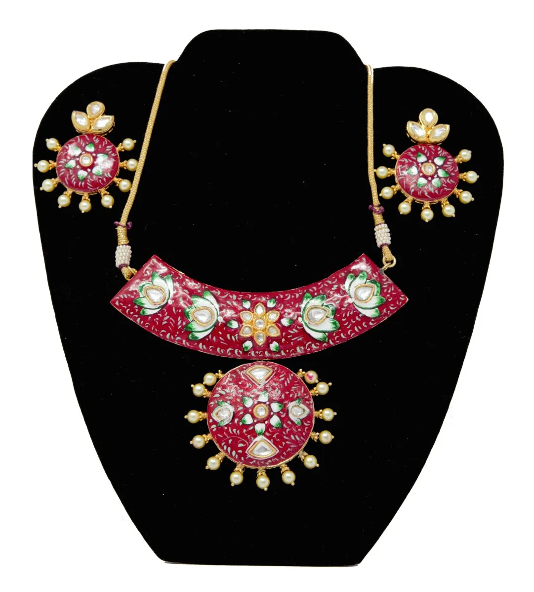 Maroon Meenakari Gold Necklace Set with Earrings