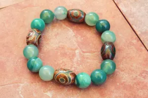 Men's Tibetan Agate and Green Stted Agate Gemstone Beaded Bracelet