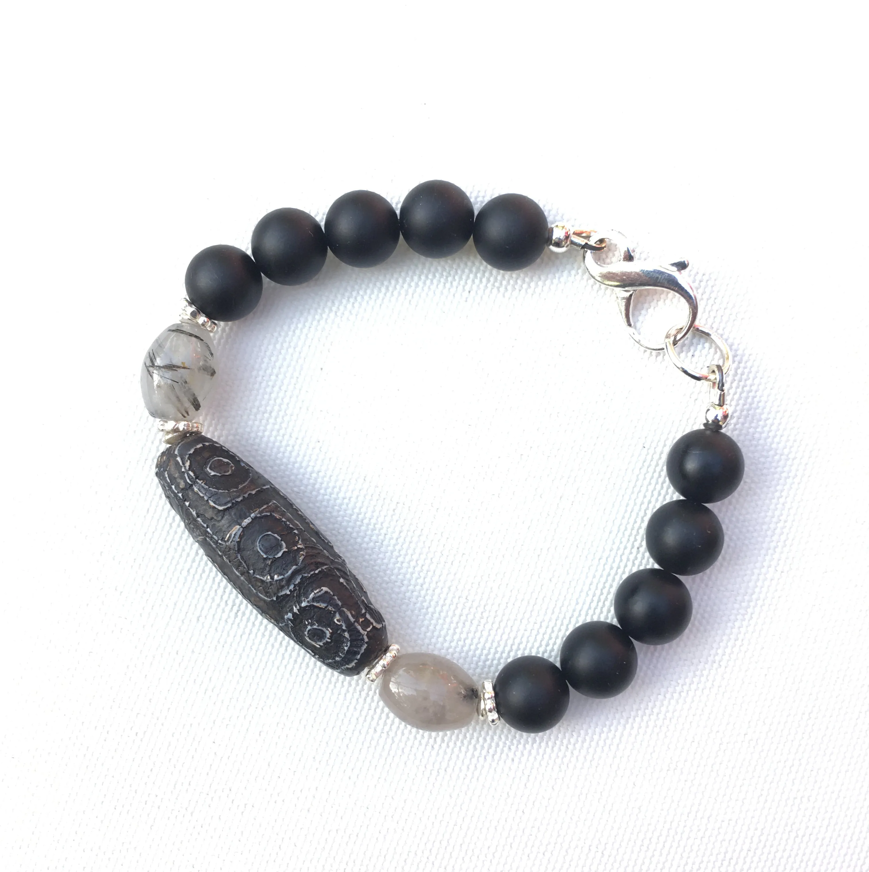 Men's Tibetan Agate, Rutilated Quartz  matte Onyx and sterling silver bracelet