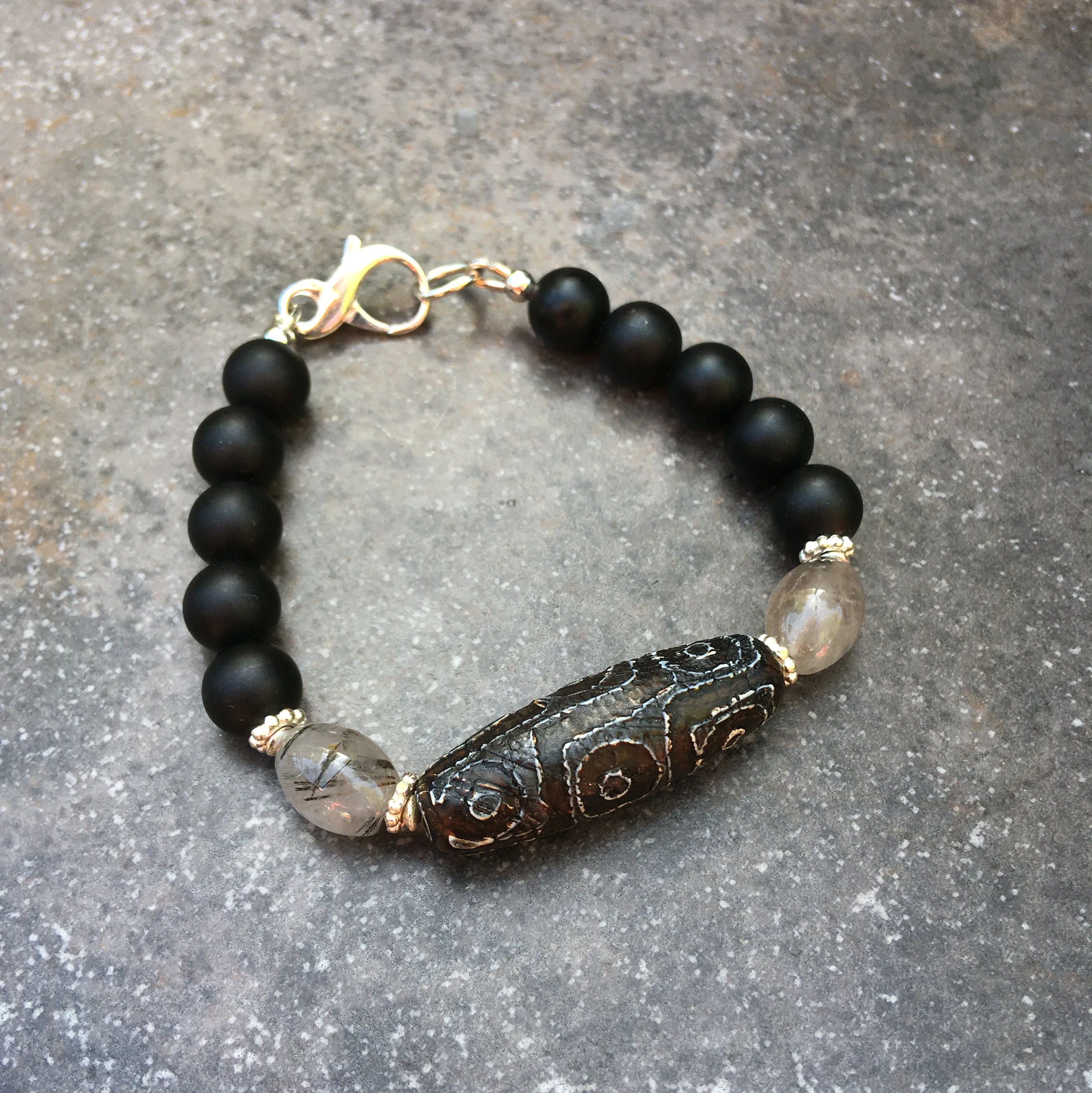 Men's Tibetan Agate, Rutilated Quartz  matte Onyx and sterling silver bracelet