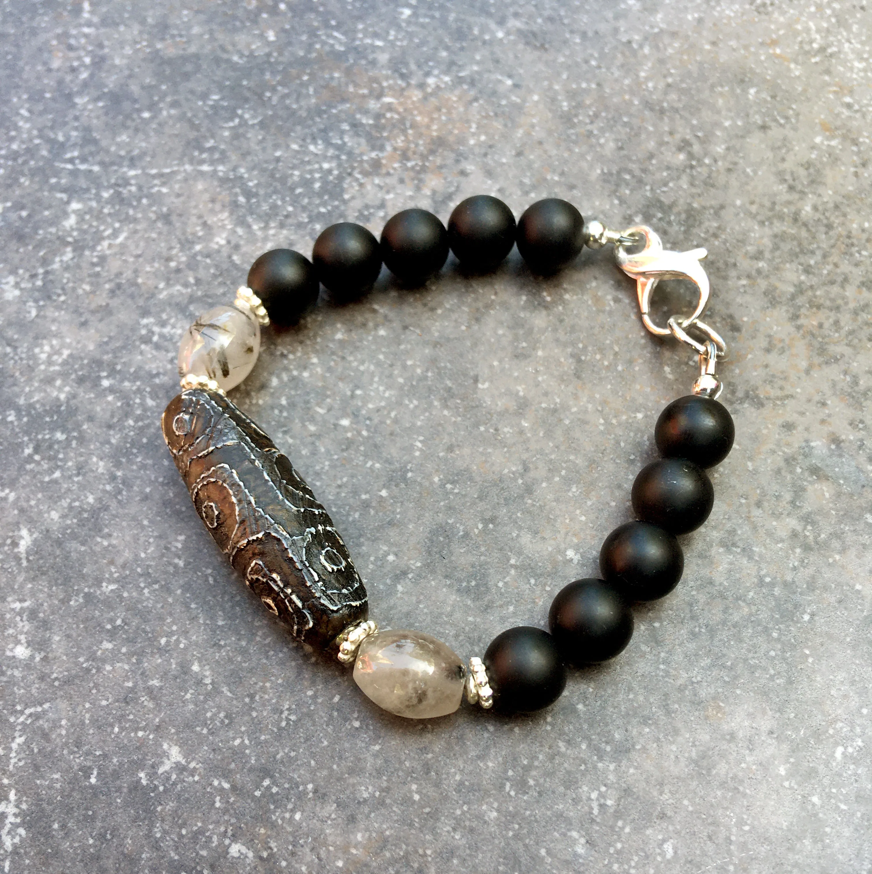 Men's Tibetan Agate, Rutilated Quartz  matte Onyx and sterling silver bracelet