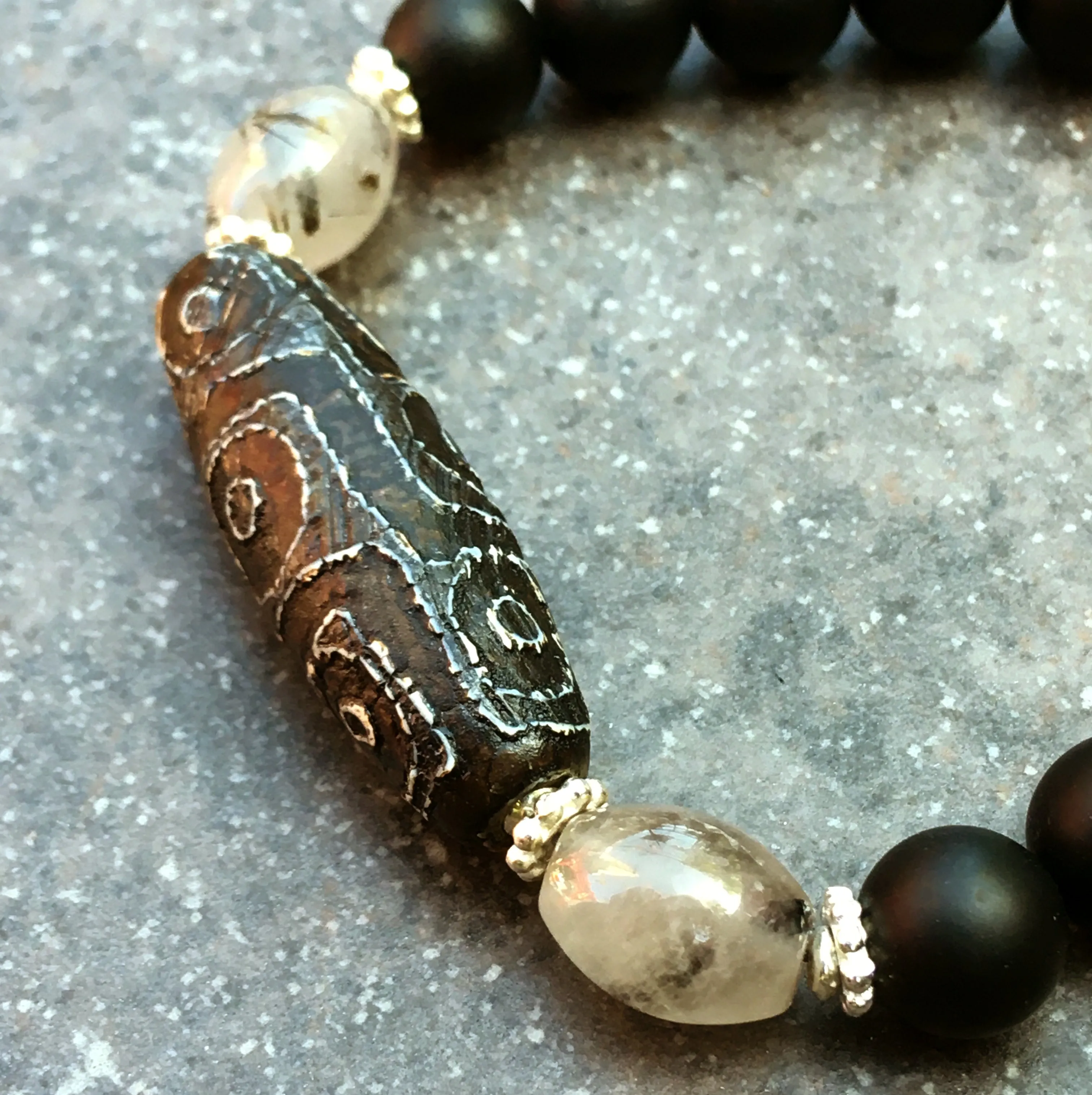 Men's Tibetan Agate, Rutilated Quartz  matte Onyx and sterling silver bracelet