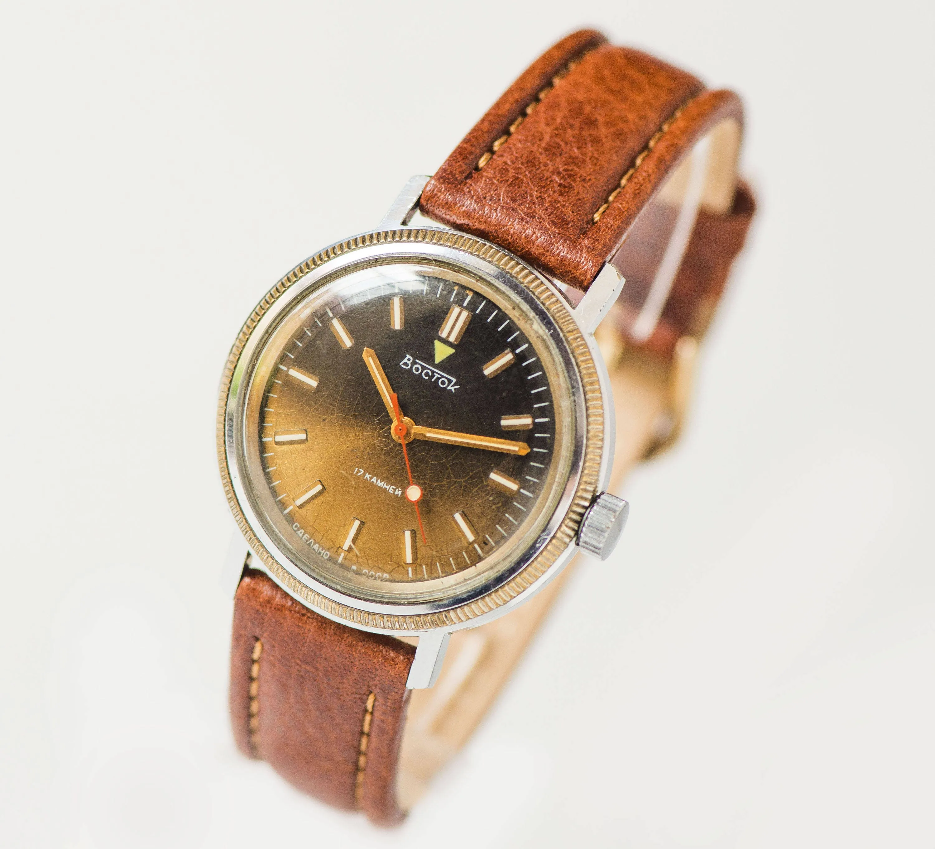Men's wrist watch Wostok, mechanical men watch, olive brown face watch, chunky military style watch gift, camouflage or leather strap