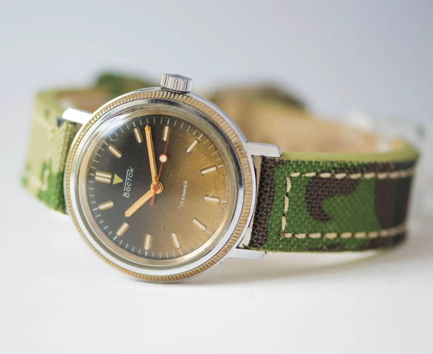 Men's wrist watch Wostok, mechanical men watch, olive brown face watch, chunky military style watch gift, camouflage or leather strap