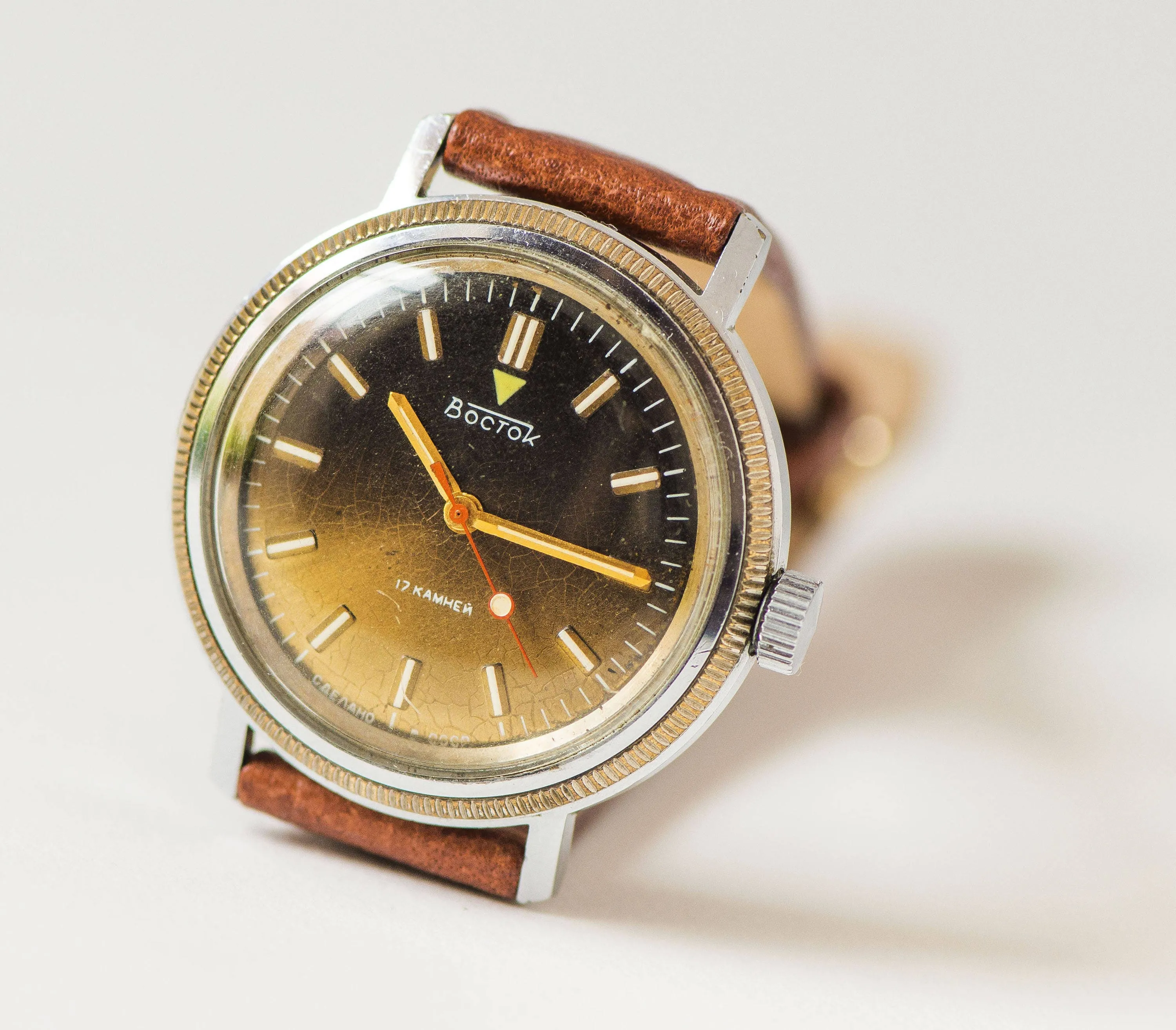 Men's wrist watch Wostok, mechanical men watch, olive brown face watch, chunky military style watch gift, camouflage or leather strap