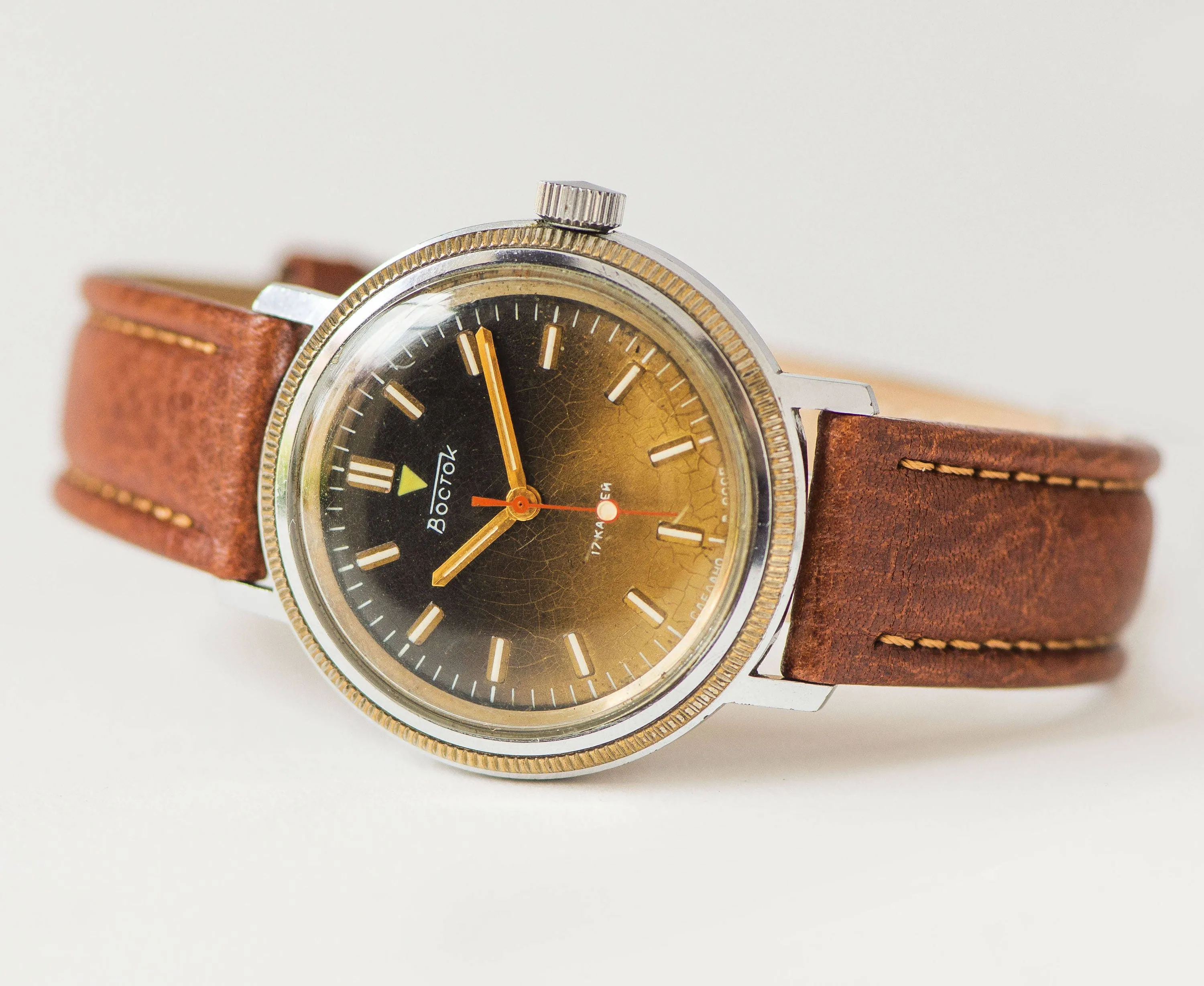 Men's wrist watch Wostok, mechanical men watch, olive brown face watch, chunky military style watch gift, camouflage or leather strap