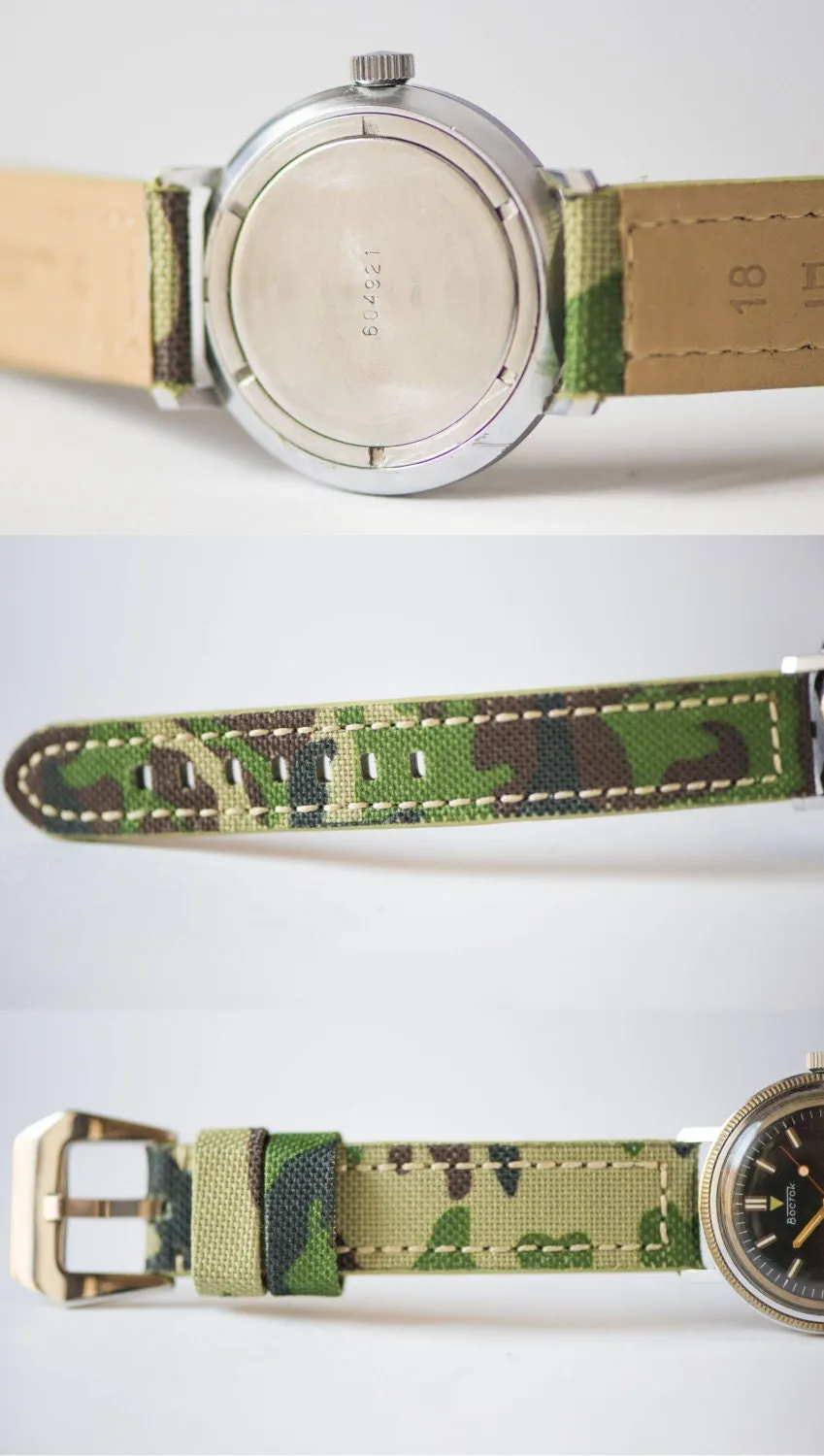Men's wrist watch Wostok, mechanical men watch, olive brown face watch, chunky military style watch gift, camouflage or leather strap