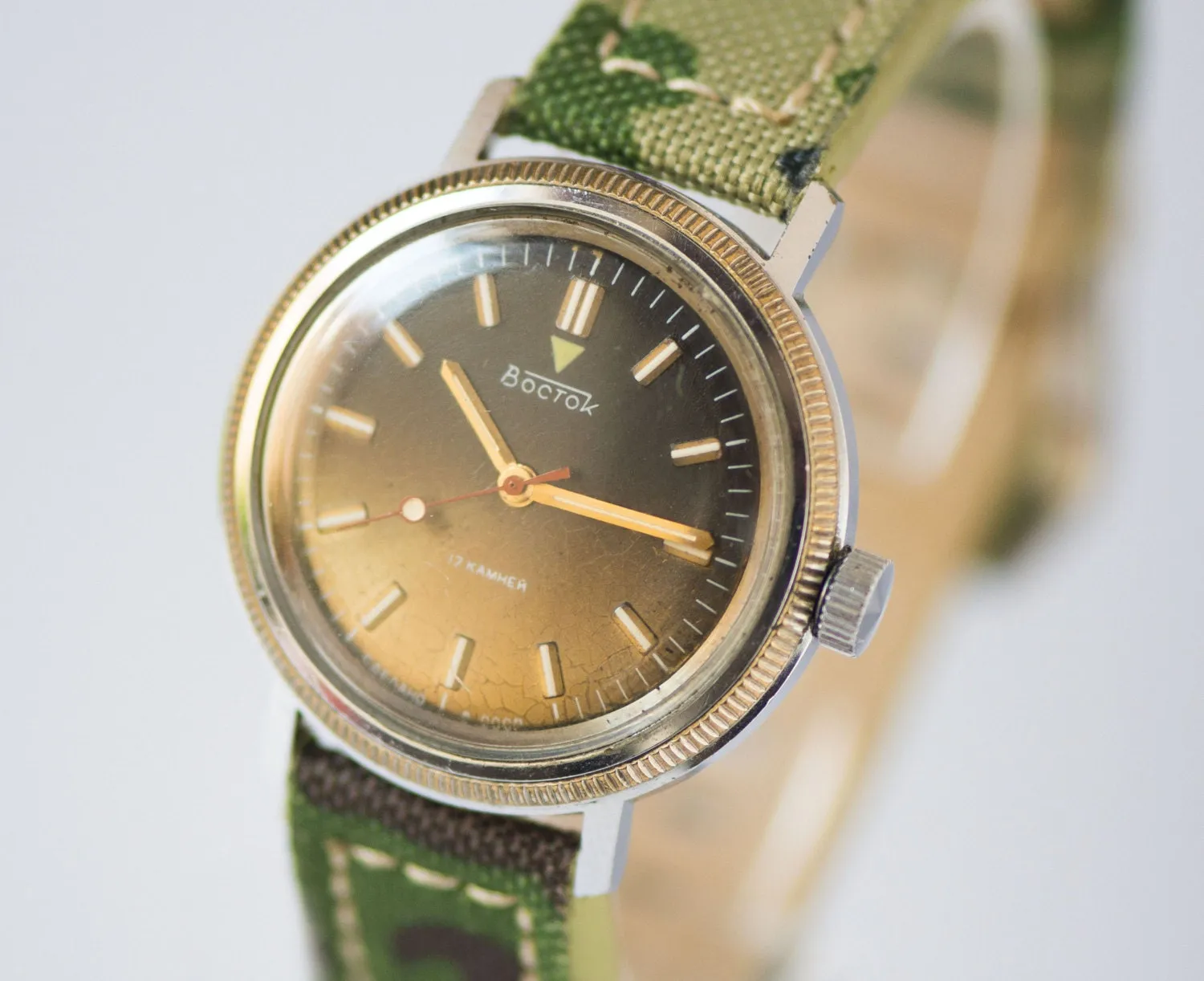 Men's wrist watch Wostok, mechanical men watch, olive brown face watch, chunky military style watch gift, camouflage or leather strap