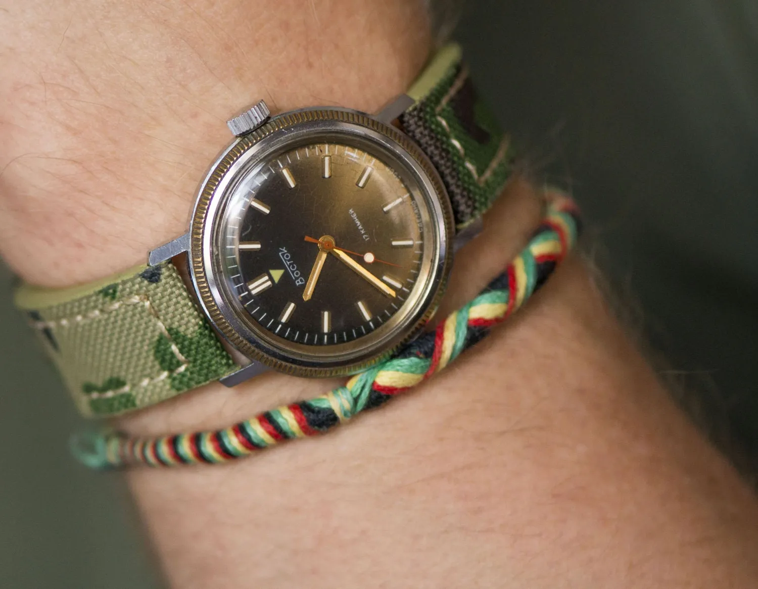 Men's wrist watch Wostok, mechanical men watch, olive brown face watch, chunky military style watch gift, camouflage or leather strap