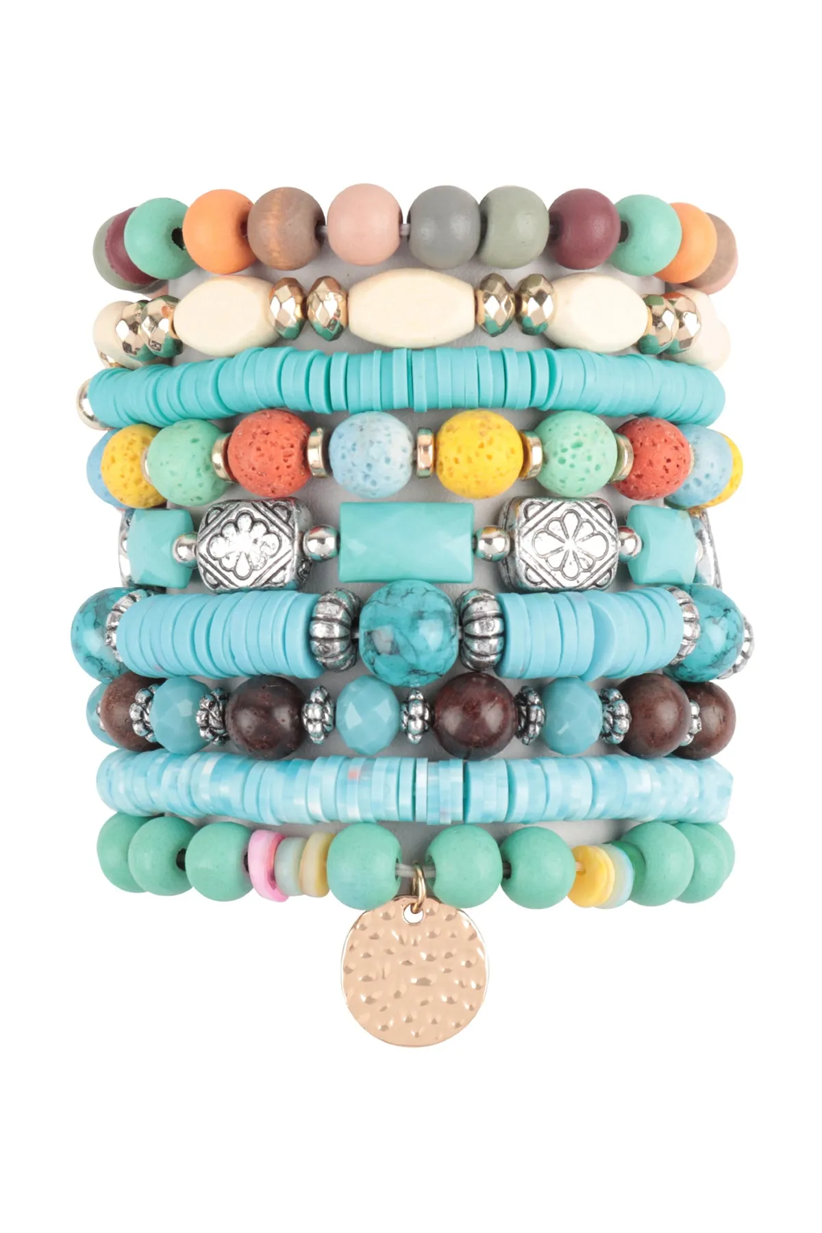 MIX BEADS STONE, FIMO DISK PENDANT LAYERED STACKABLE VERSATILE CHARM BRACELET