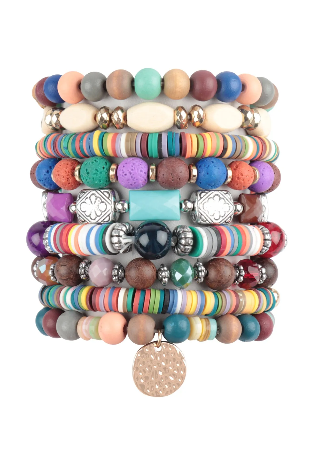 MIX BEADS STONE, FIMO DISK PENDANT LAYERED STACKABLE VERSATILE CHARM BRACELET