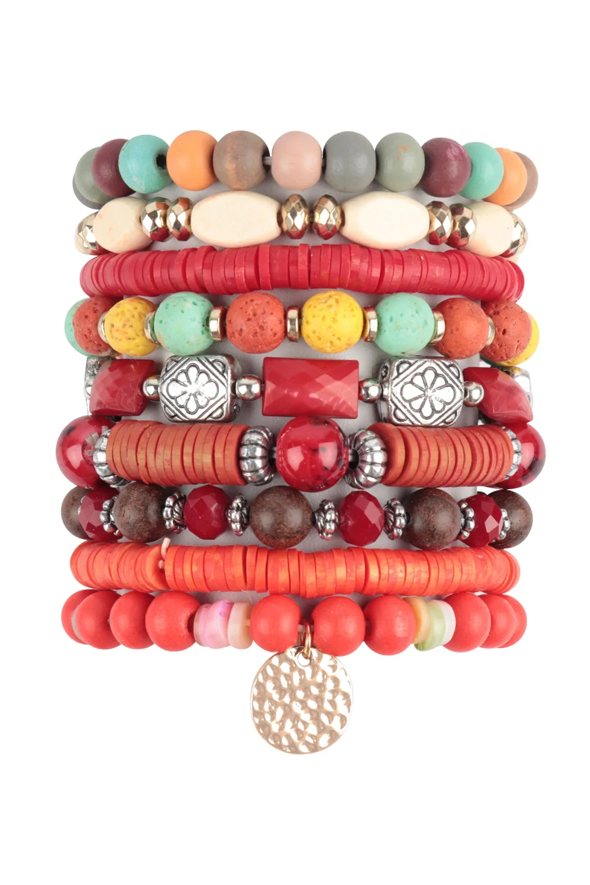 MIX BEADS STONE, FIMO DISK PENDANT LAYERED STACKABLE VERSATILE CHARM BRACELET