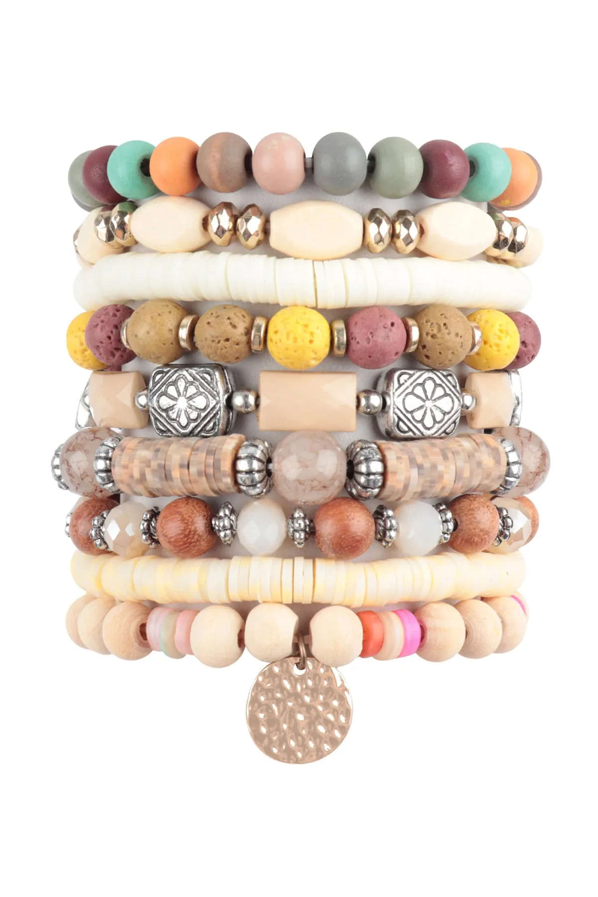 MIX BEADS STONE, FIMO DISK PENDANT LAYERED STACKABLE VERSATILE CHARM BRACELET