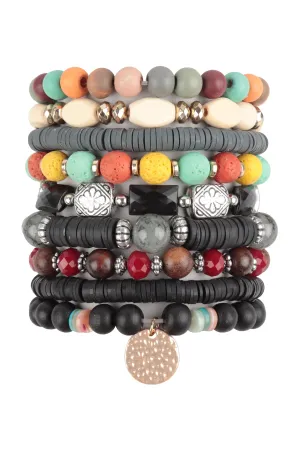 MIX BEADS STONE, FIMO DISK PENDANT LAYERED STACKABLE VERSATILE CHARM BRACELET