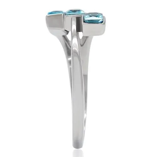 MT 081 - High polished (no plating) Stainless Steel Ring with Crystals in Sea Blue - newest -March Birthstone