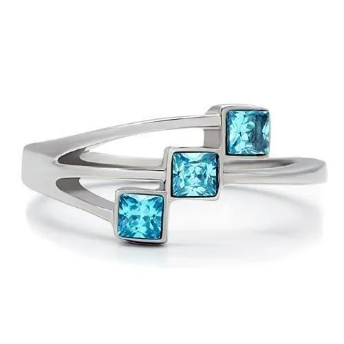 MT 081 - High polished (no plating) Stainless Steel Ring with Crystals in Sea Blue - newest -March Birthstone