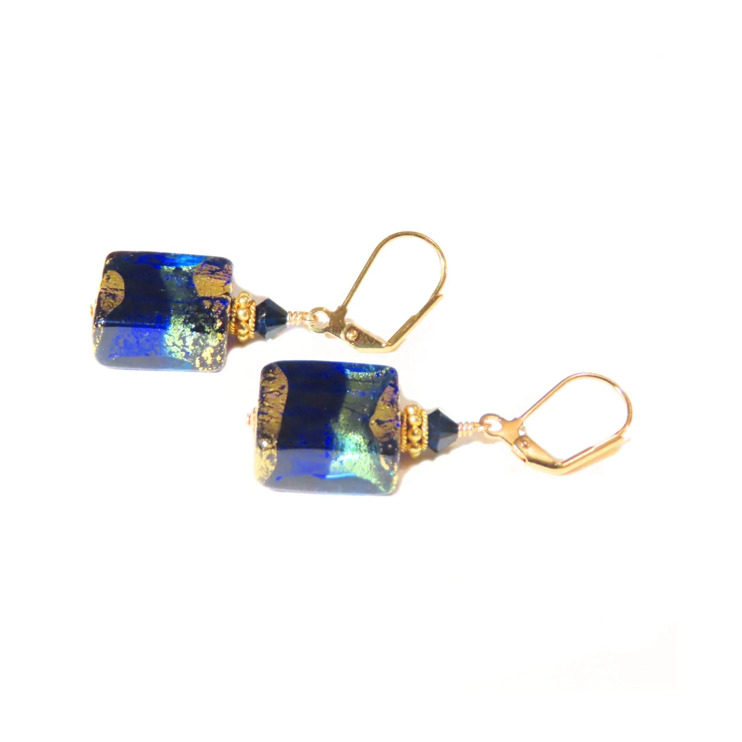 Murano Glass Cobalt Blue Aqua Square Earrings with 24kt Gold Swirls - Venetian Glass Earrings
