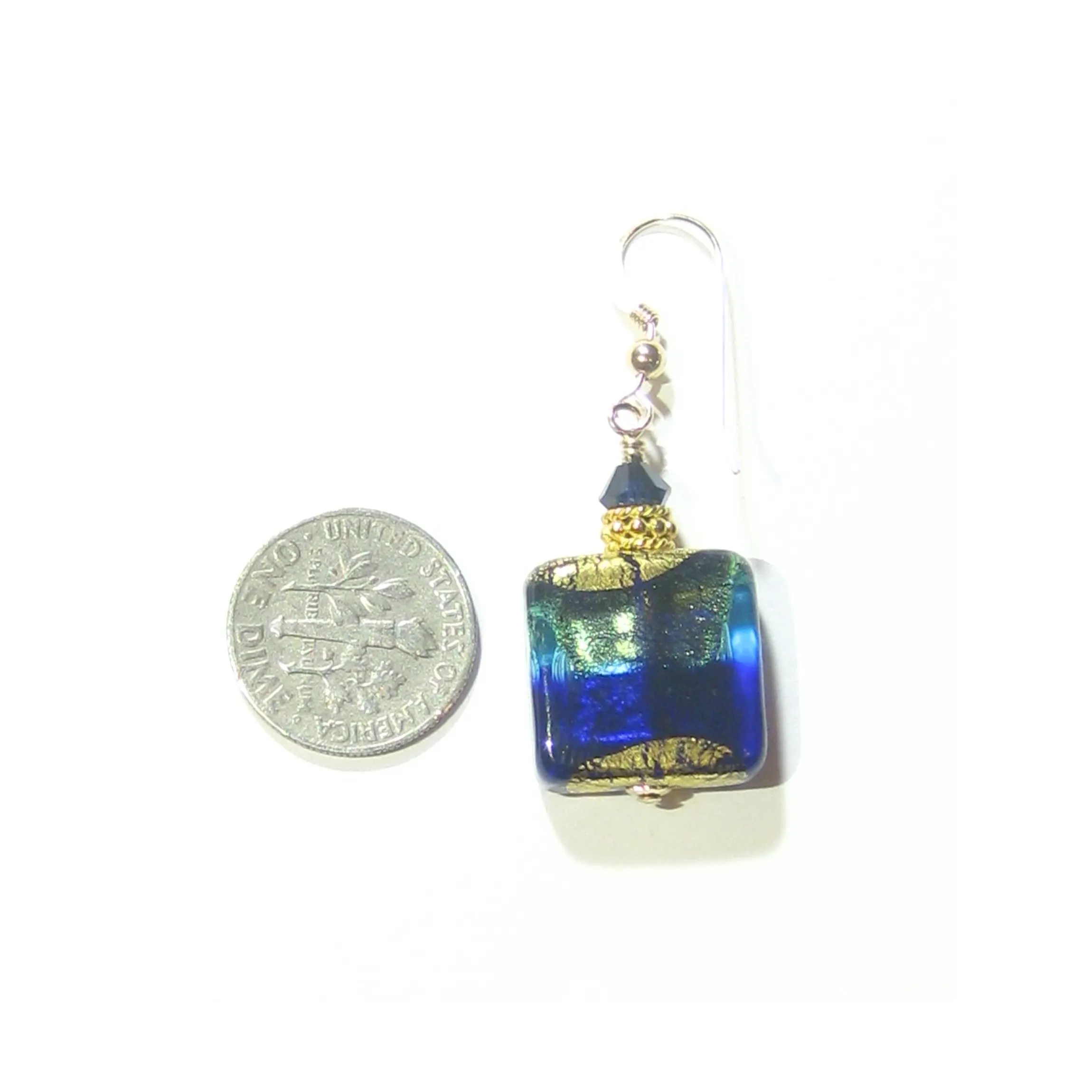 Murano Glass Cobalt Blue Aqua Square Earrings with 24kt Gold Swirls - Venetian Glass Earrings