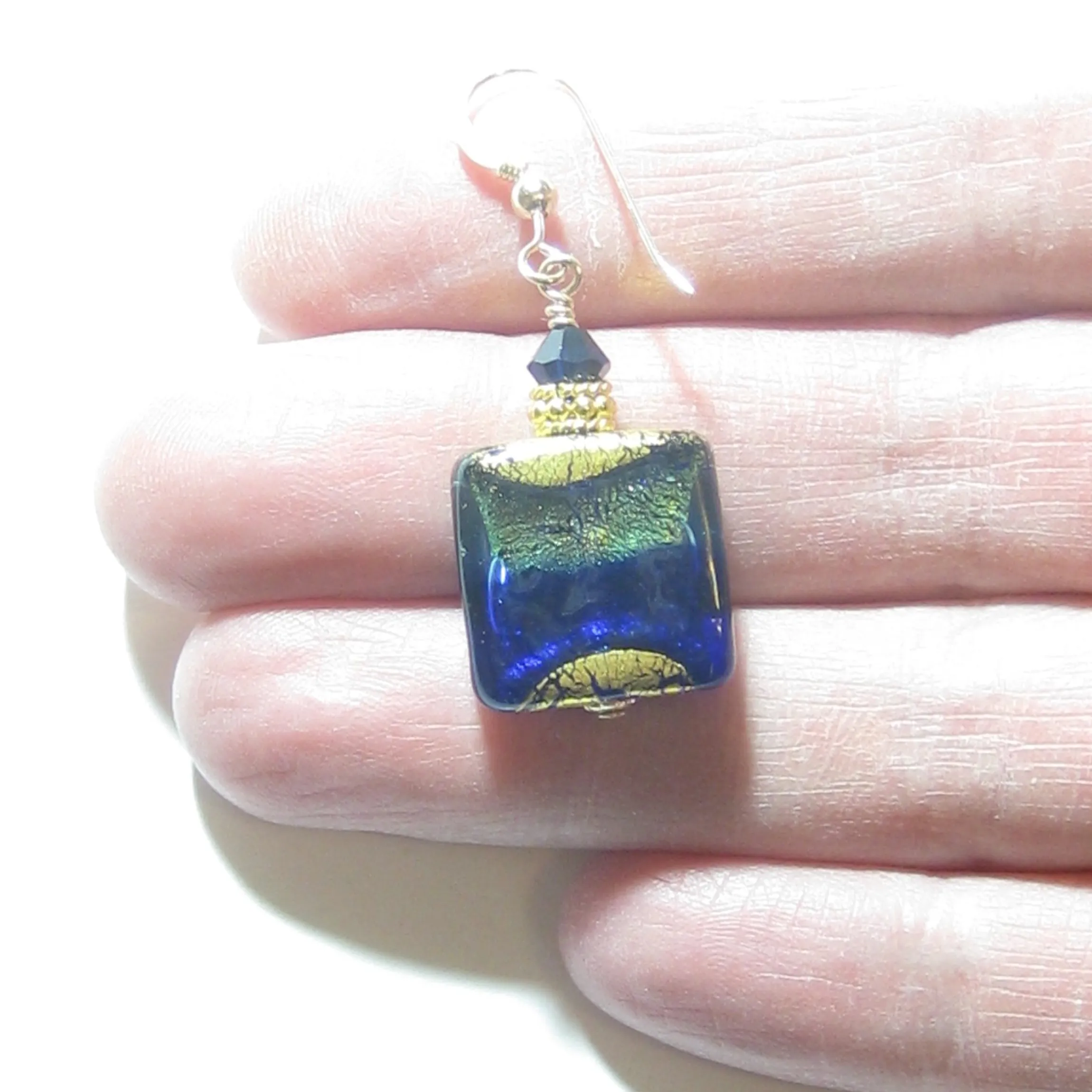 Murano Glass Cobalt Blue Aqua Square Earrings with 24kt Gold Swirls - Venetian Glass Earrings