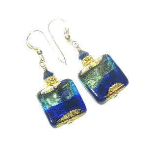 Murano Glass Cobalt Blue Aqua Square Earrings with 24kt Gold Swirls - Venetian Glass Earrings