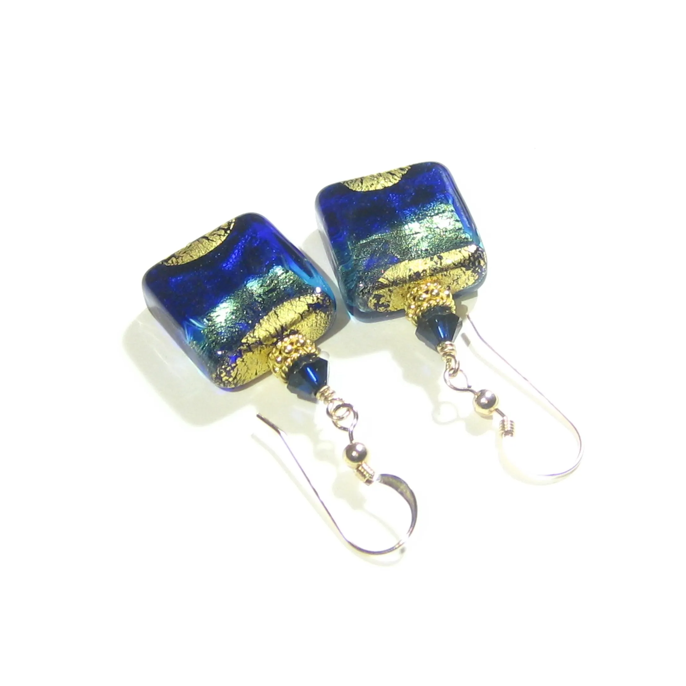 Murano Glass Cobalt Blue Aqua Square Earrings with 24kt Gold Swirls - Venetian Glass Earrings