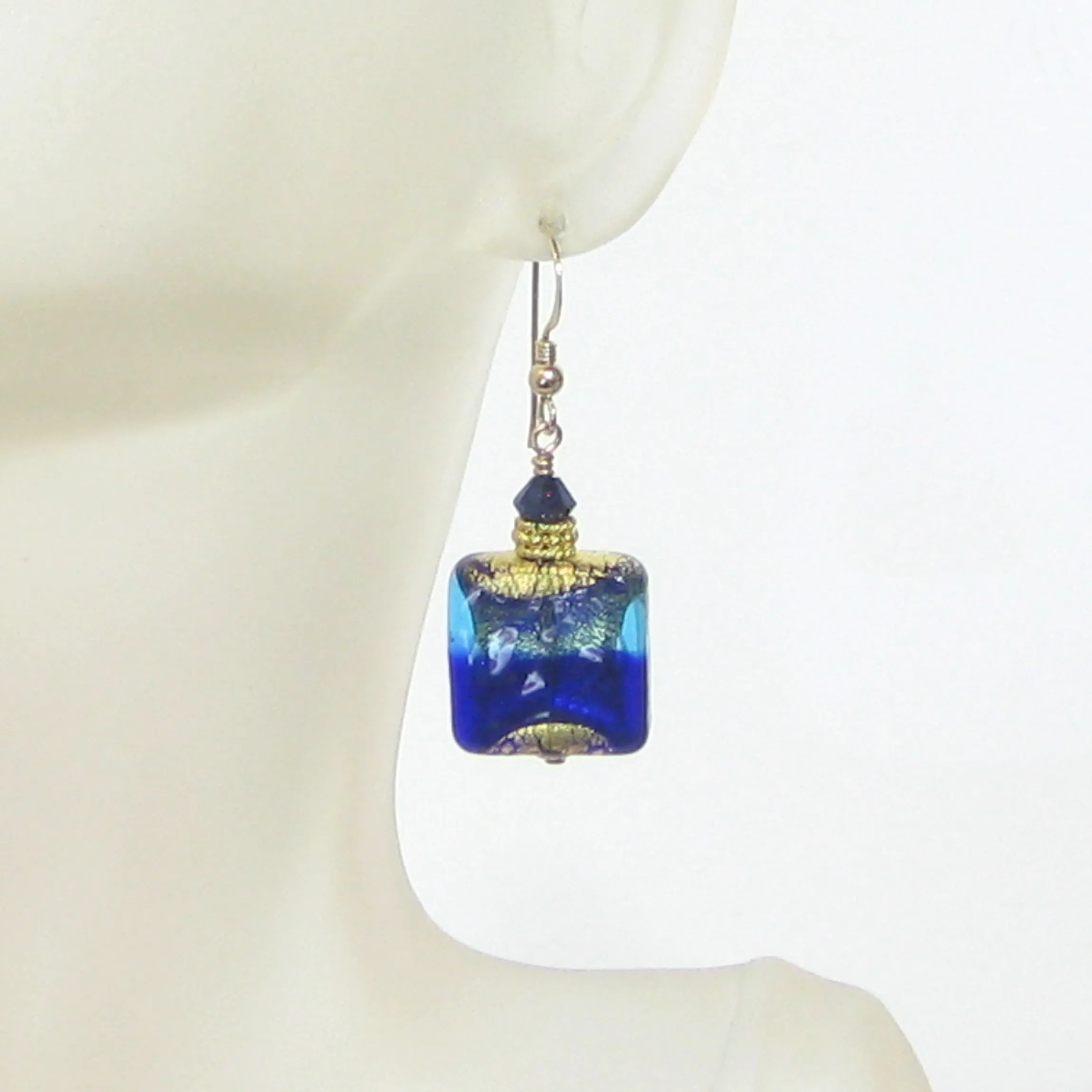 Murano Glass Cobalt Blue Aqua Square Earrings with 24kt Gold Swirls - Venetian Glass Earrings