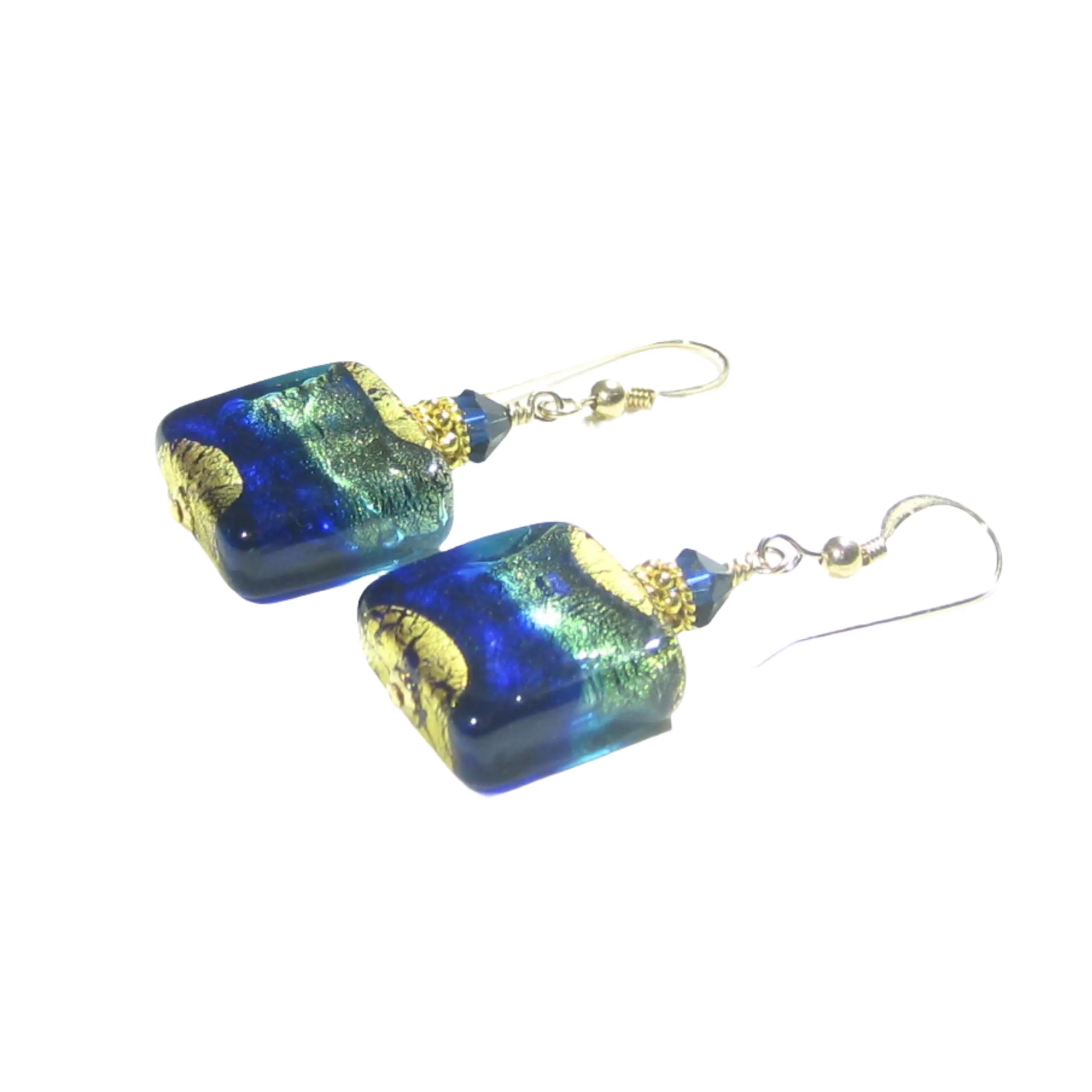Murano Glass Cobalt Blue Aqua Square Earrings with 24kt Gold Swirls - Venetian Glass Earrings