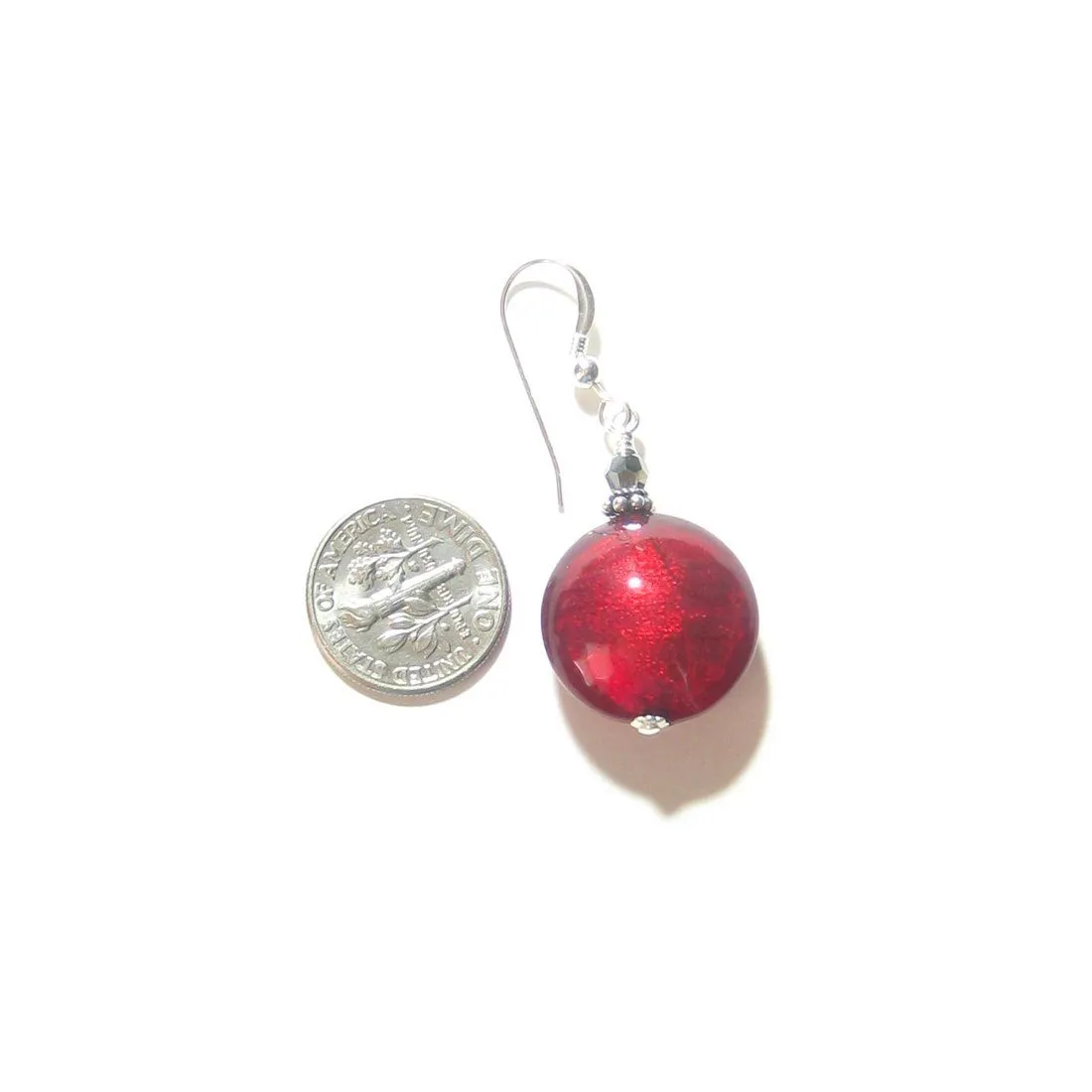 Murano Glass Large Red Disc Sterling Silver Earrings