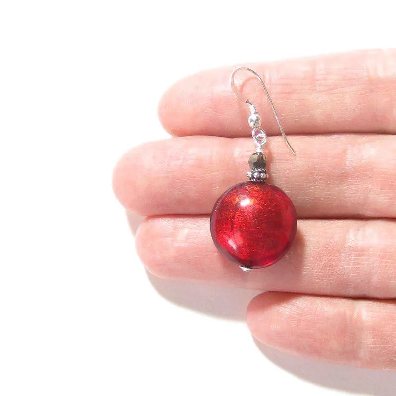 Murano Glass Large Red Disc Sterling Silver Earrings