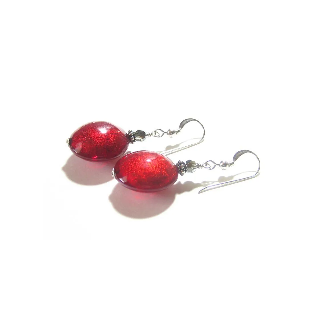 Murano Glass Large Red Disc Sterling Silver Earrings