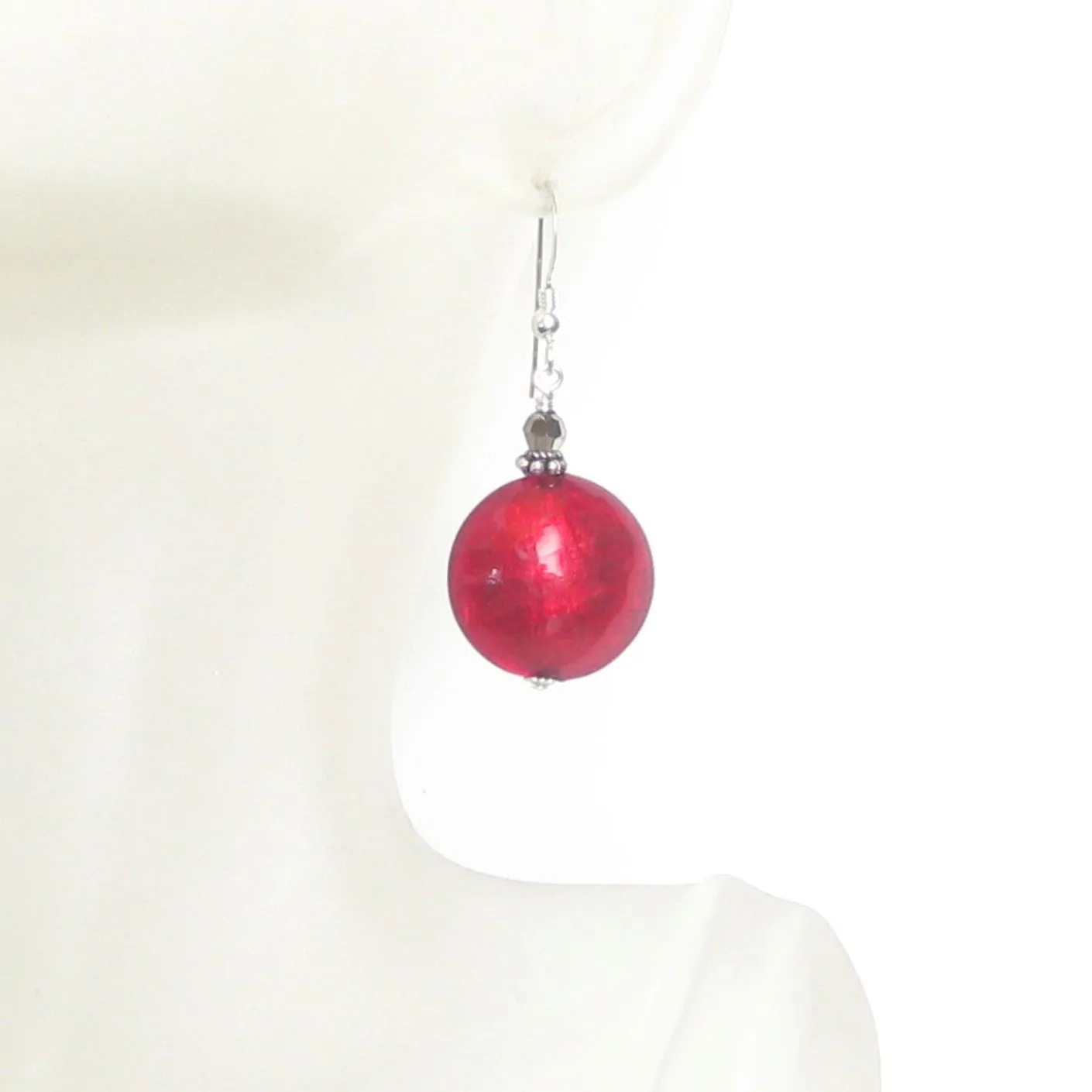 Murano Glass Large Red Disc Sterling Silver Earrings