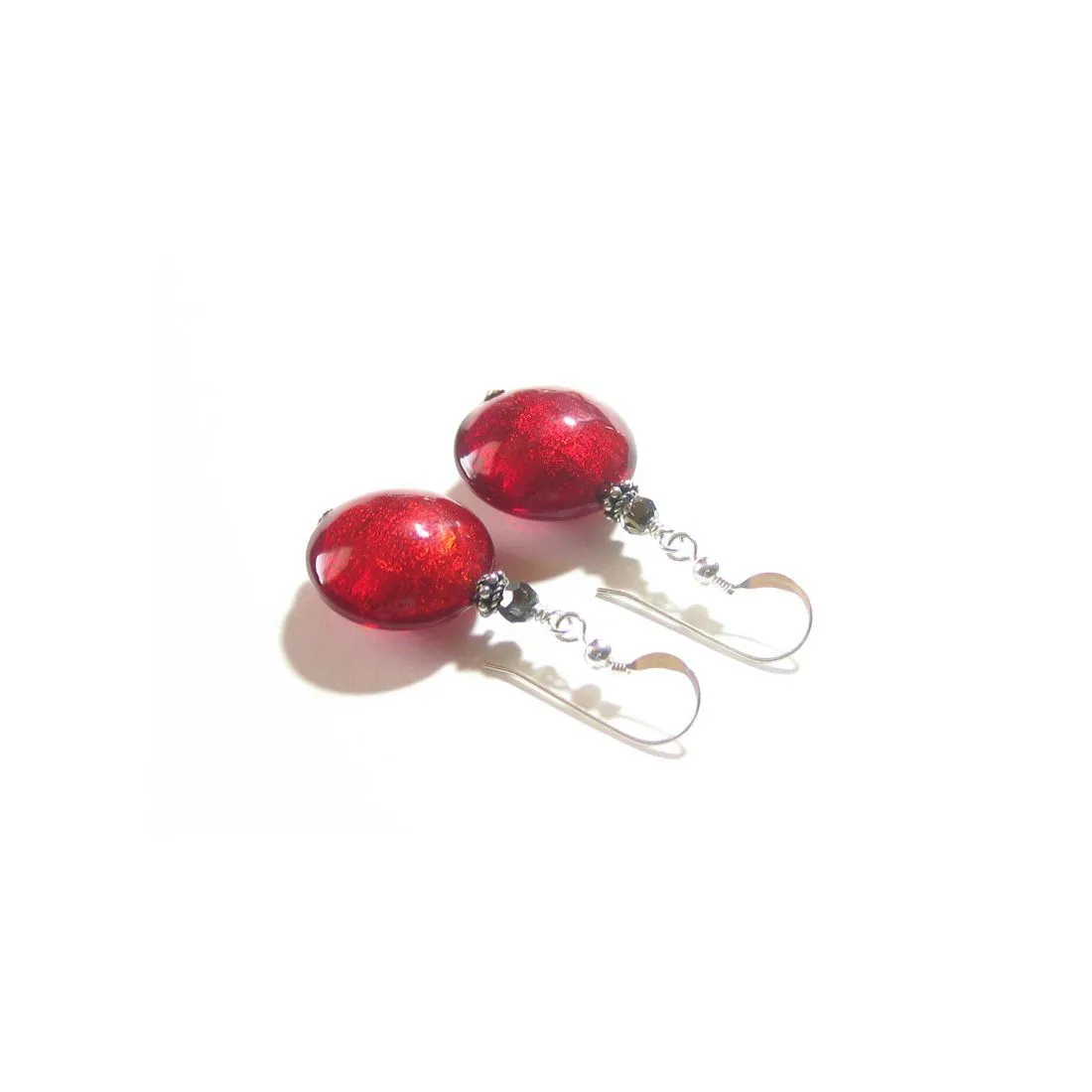 Murano Glass Large Red Disc Sterling Silver Earrings