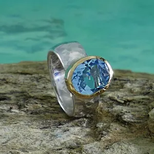 Ocean Dream: Handcrafted Blue Topaz Ring in Silver and Gold, Statement ring
