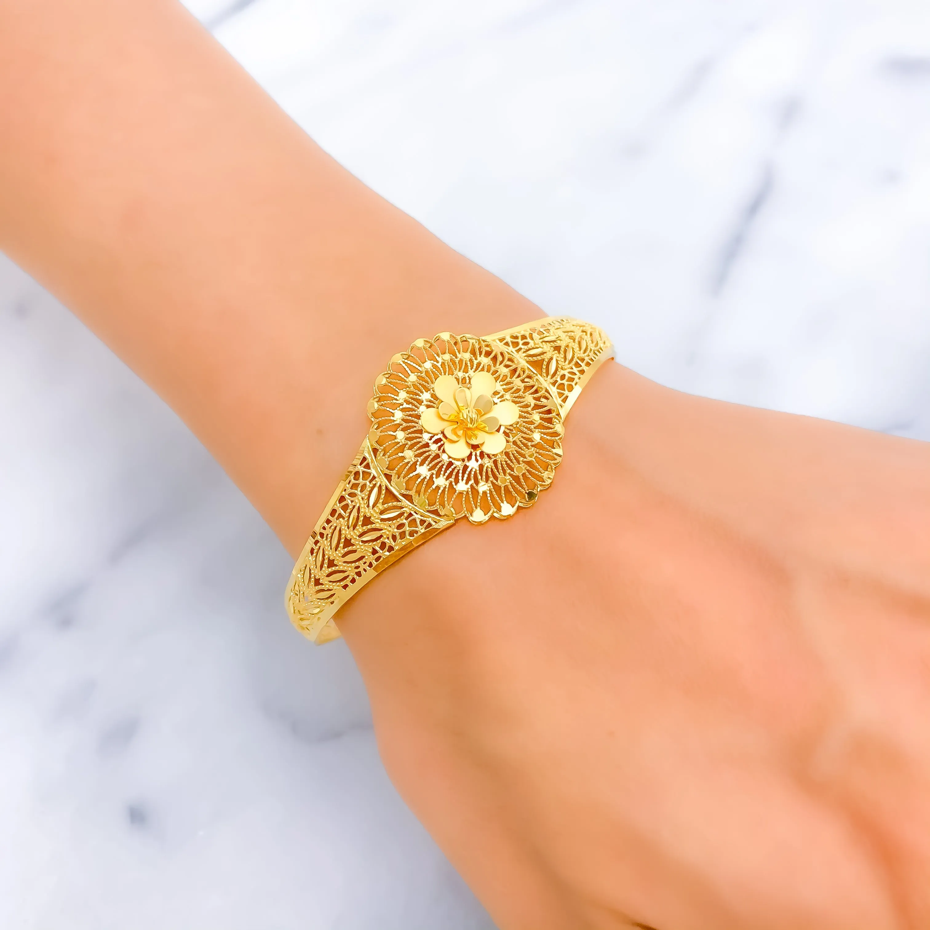 Ornate Floral Mesh 22k Gold Bangle Bracelet