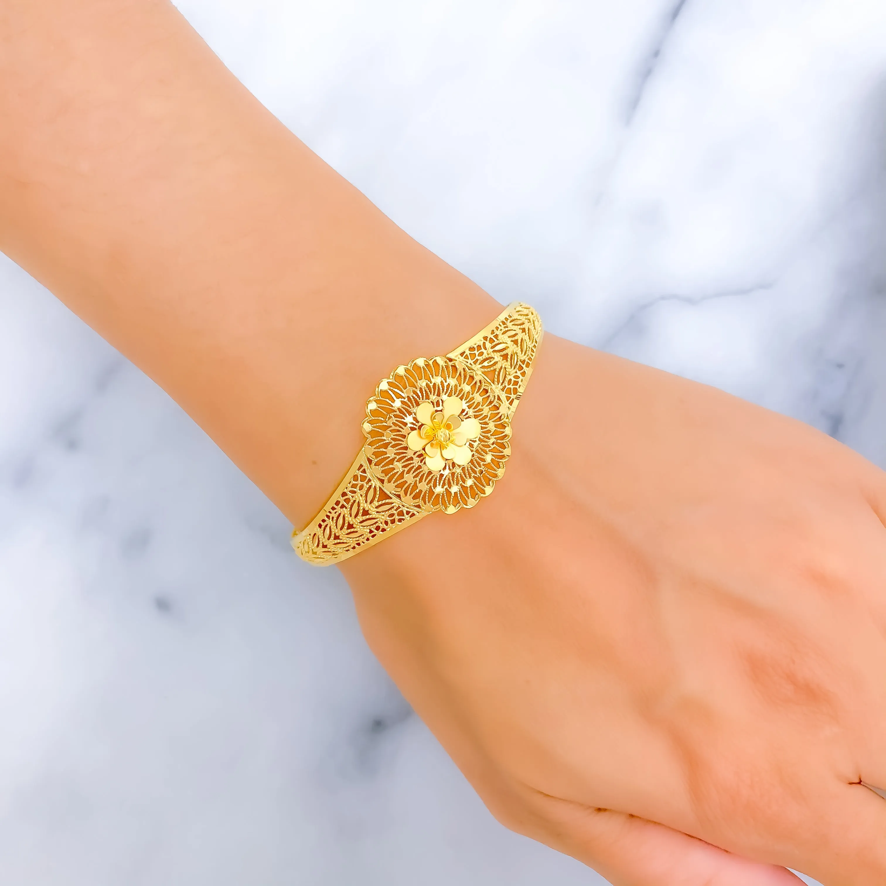 Ornate Floral Mesh 22k Gold Bangle Bracelet