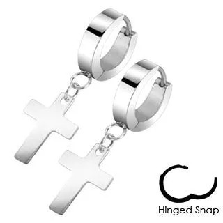 Pair of 316L Stainless Steel Hinged Hoop Earring with Cross Dangle