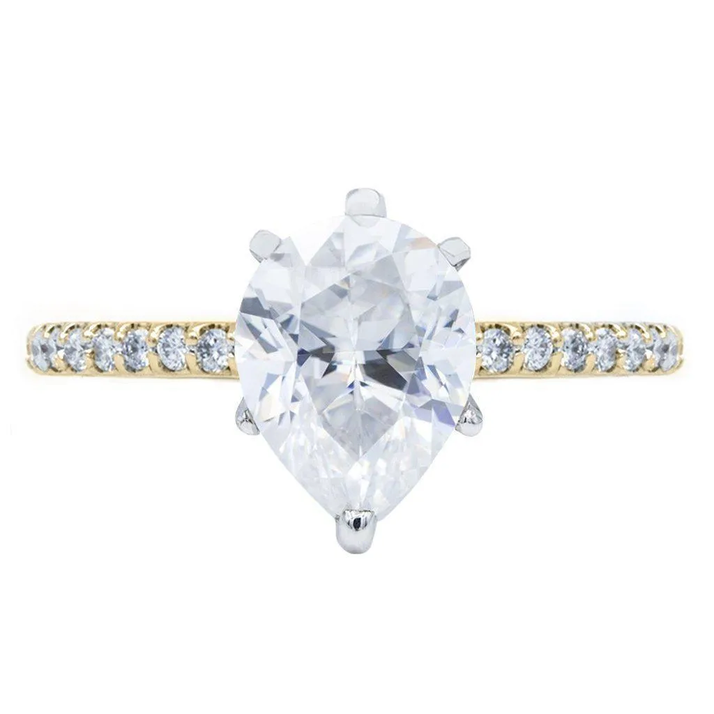 Pear Crushed Ice Moissanite 6 Prongs Diamond Accent Ice Cathedral Solitaire Ring