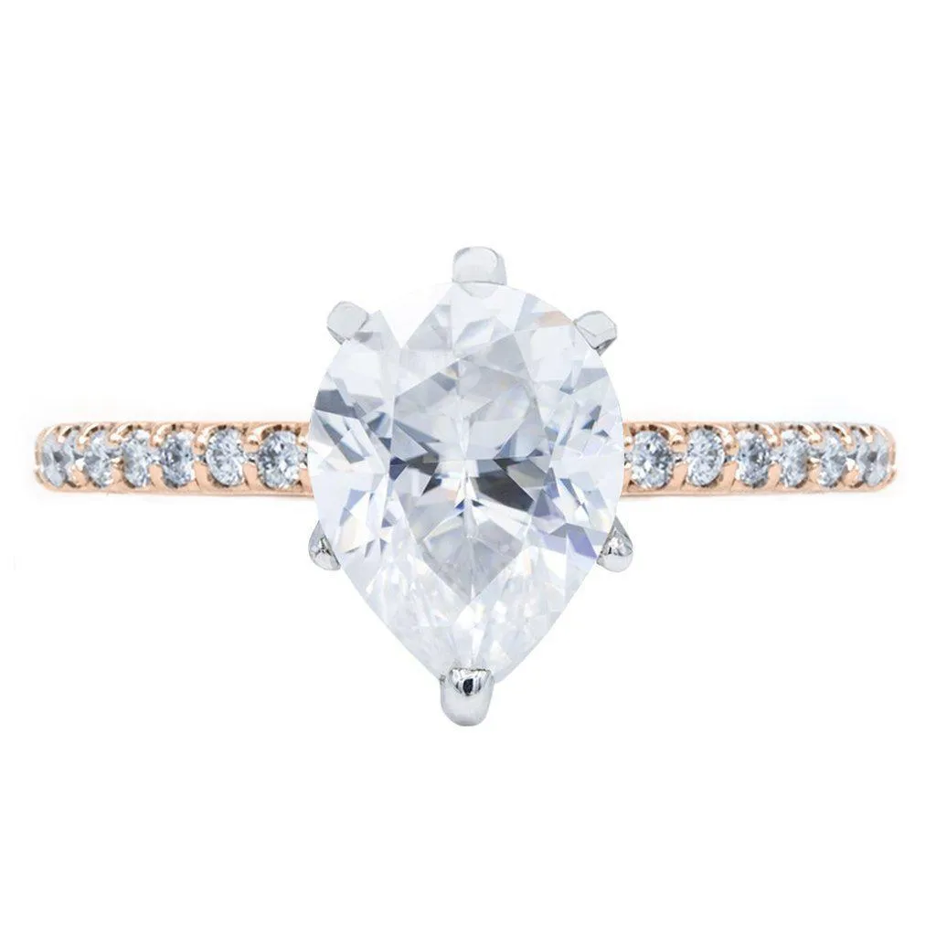 Pear Crushed Ice Moissanite 6 Prongs Diamond Accent Ice Cathedral Solitaire Ring