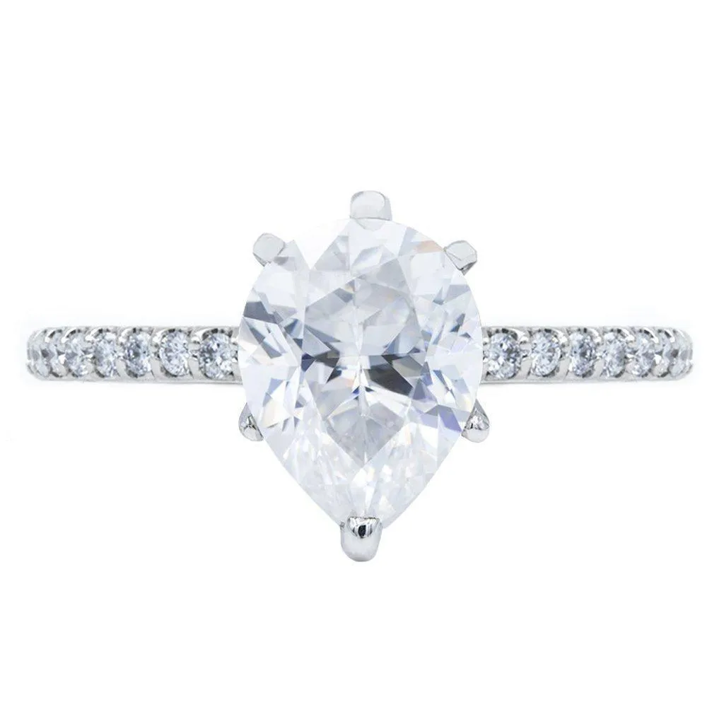 Pear Crushed Ice Moissanite 6 Prongs Diamond Accent Ice Cathedral Solitaire Ring