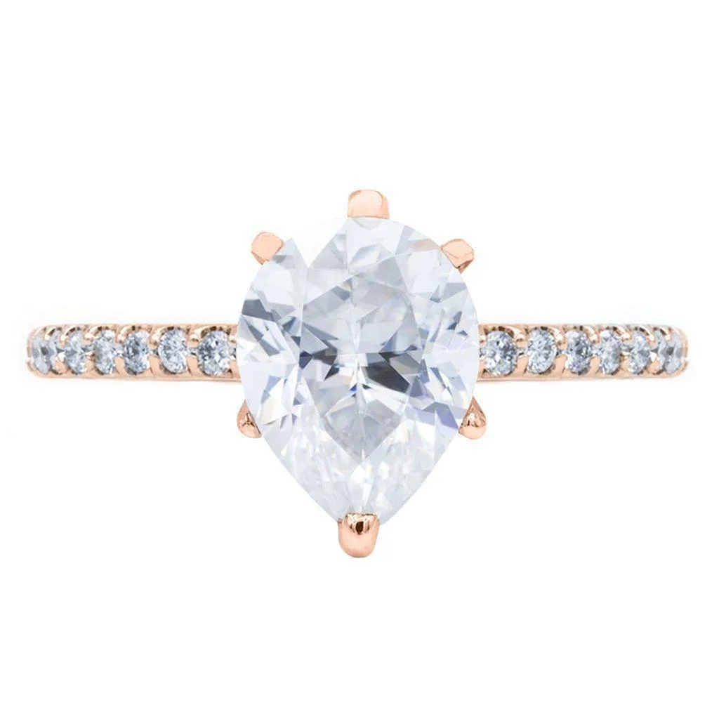 Pear Crushed Ice Moissanite 6 Prongs Diamond Accent Ice Cathedral Solitaire Ring